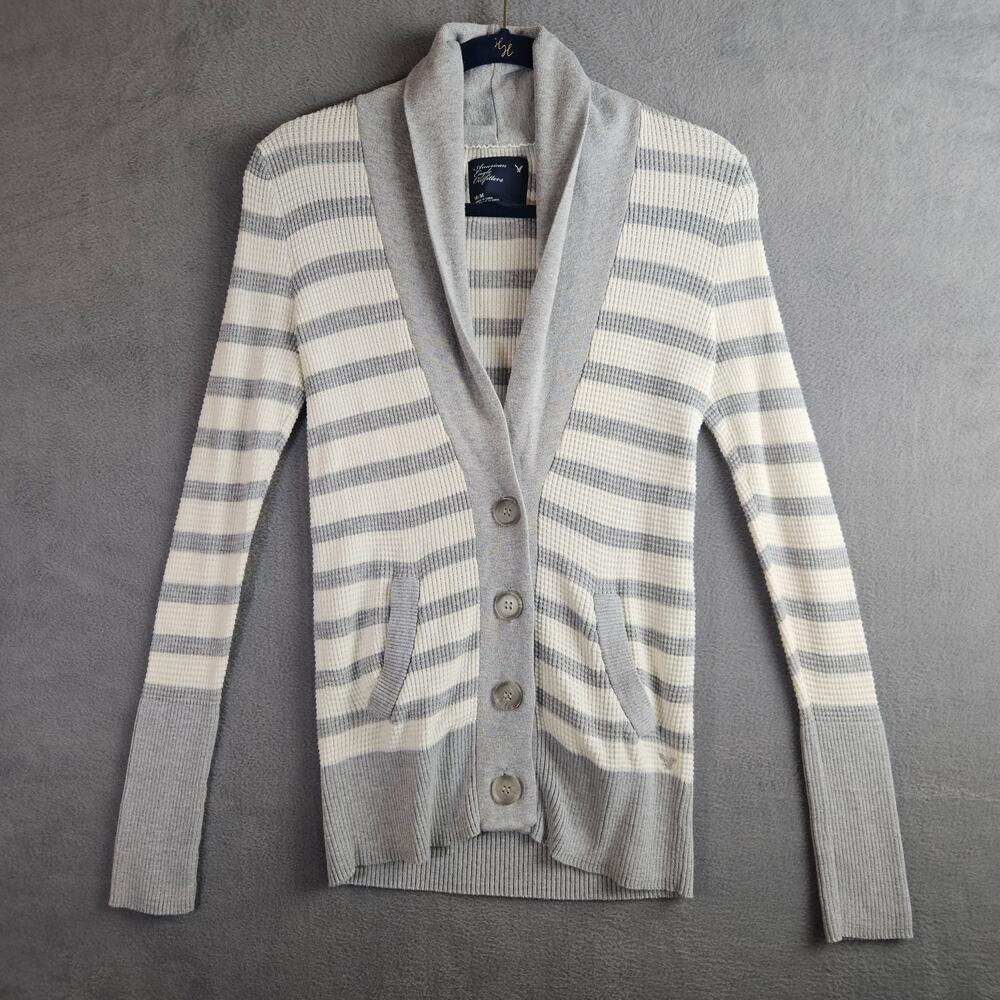 Y2K‎ American Eagle Gray Cream Striped  Cardigan Size Medium